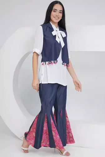 Ladies ethnic white denim shara with shirt and jacket