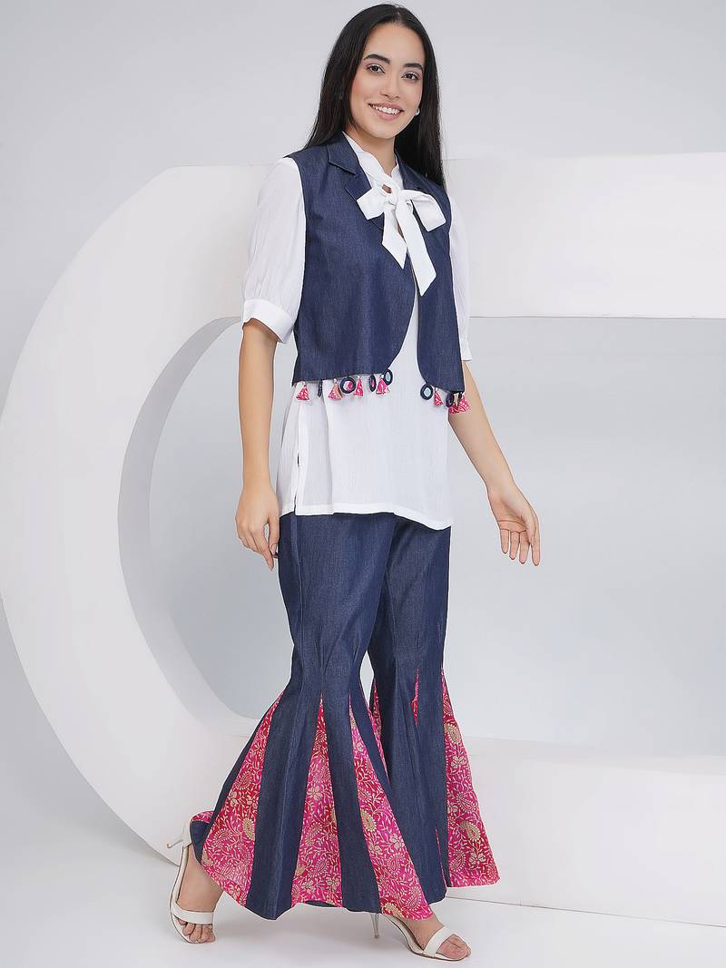 Ladies ethnic white denim shara with shirt and jacket