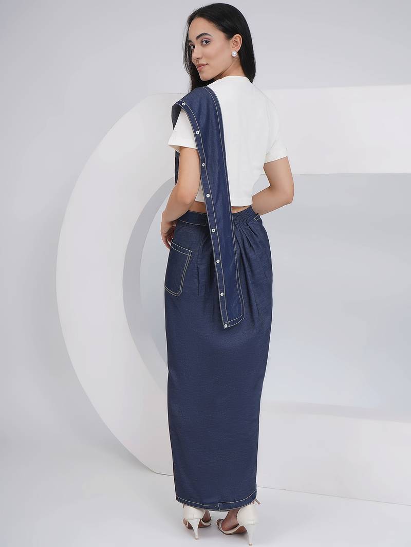 Ladies ethnic off white denim skirt drape with top