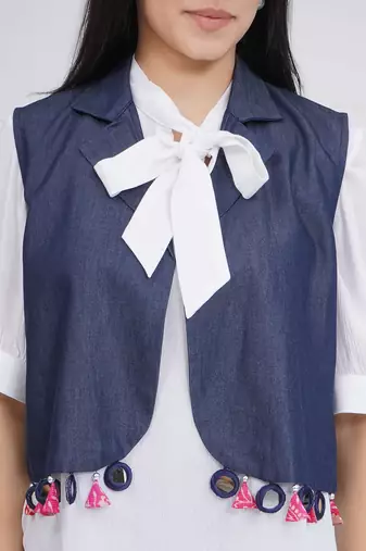 Ladies ethnic white denim shara with shirt and jacket
