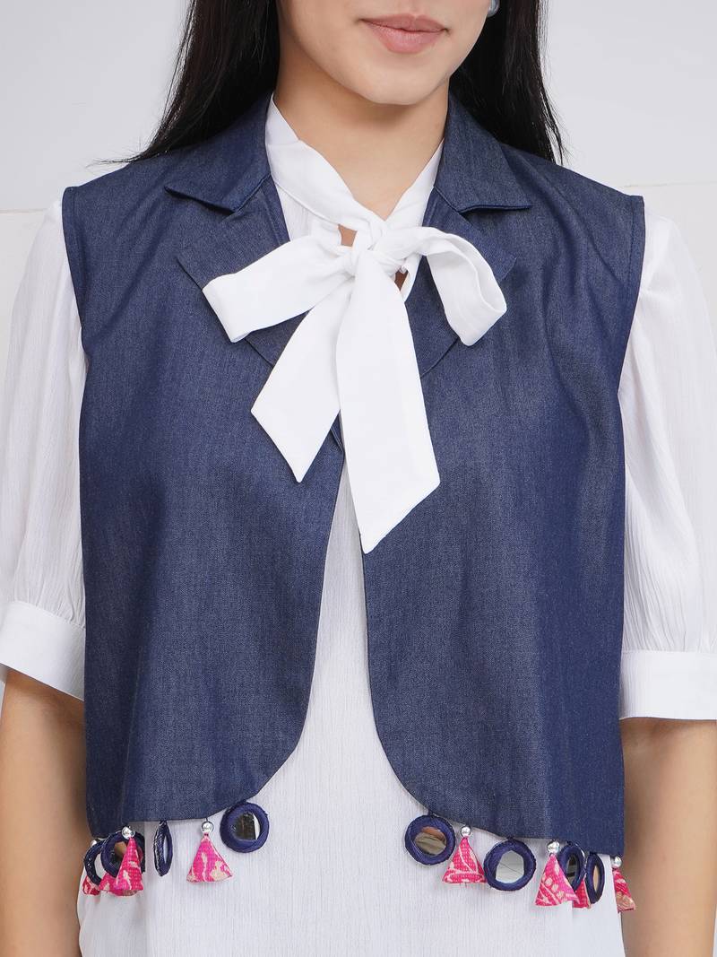 Ladies ethnic white denim shara with shirt and jacket