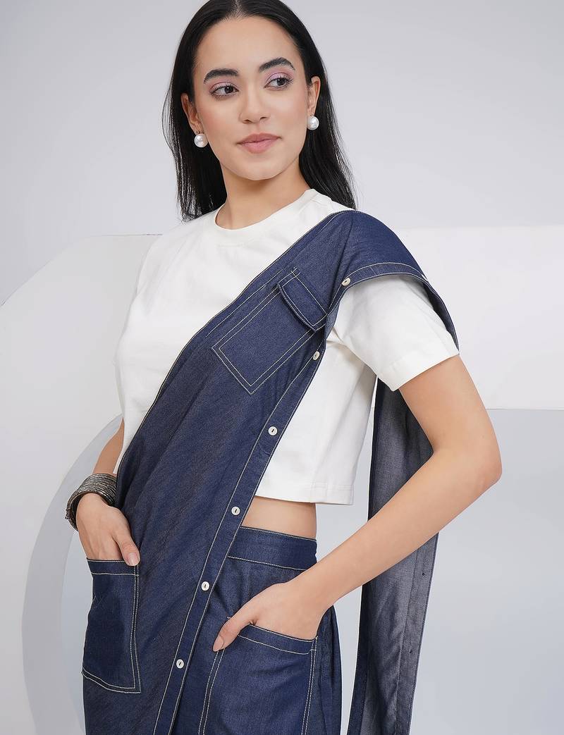 Ladies ethnic off white denim skirt drape with top