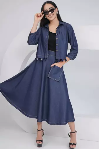 Ladies ethnic black denim a line skirt with inner and jacket
