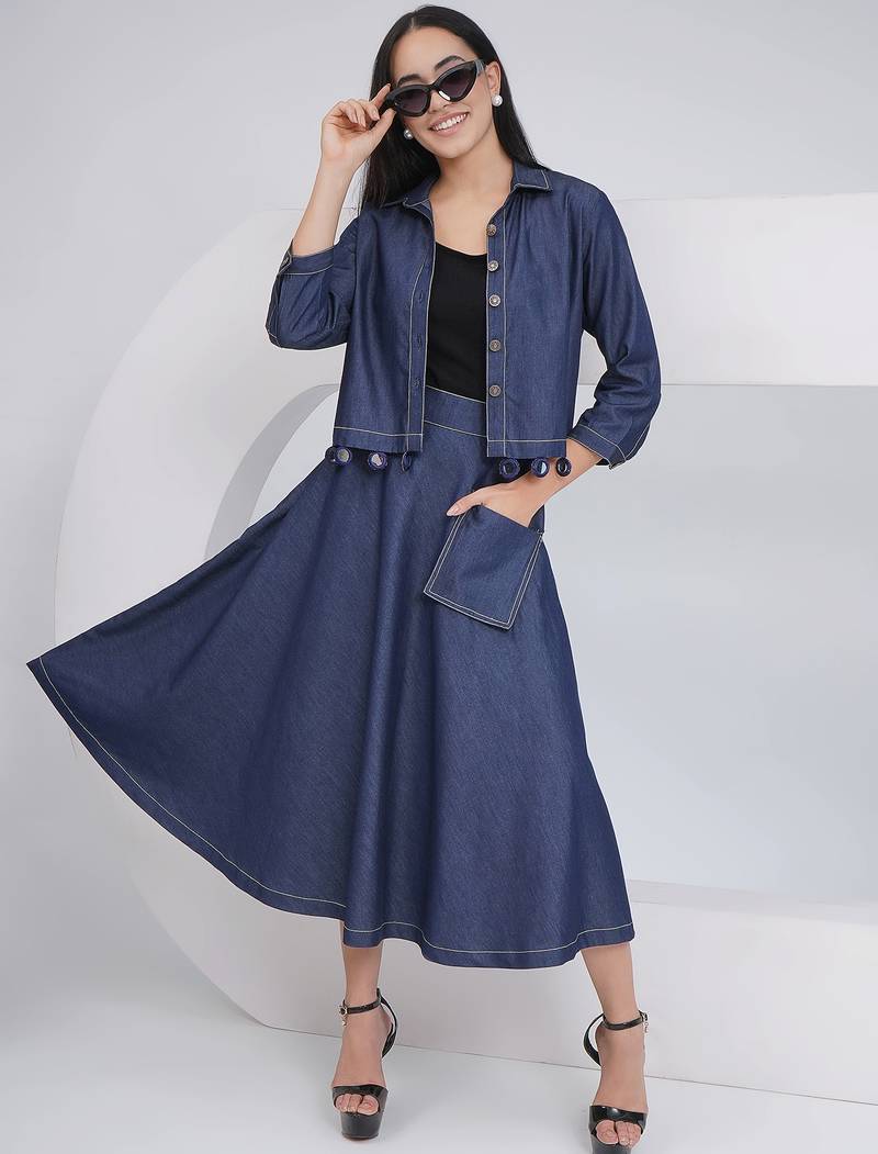 Ladies ethnic black denim a line skirt with inner and jacket