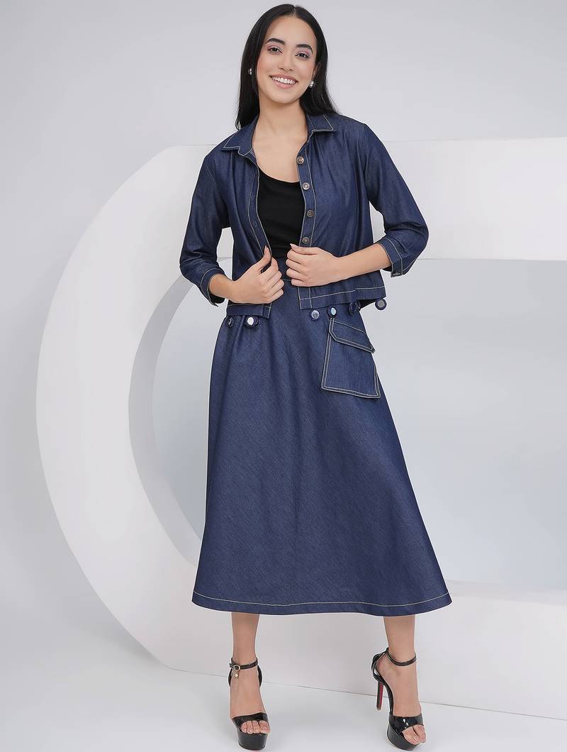 Ladies ethnic black denim a line skirt with inner and jacket