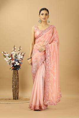 peach net embroidered saree with designer blouse 1