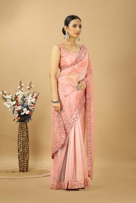 peach net embroidered saree with designer blouse 2