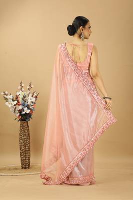 peach net embroidered saree with designer blouse 3