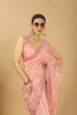 peach net embroidered saree with designer blouse 4
