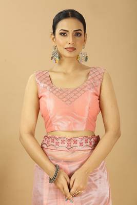 peach net embroidered saree with designer blouse 5