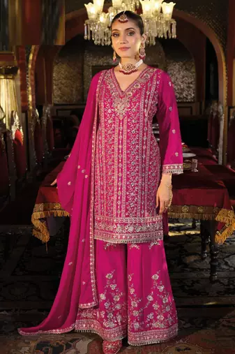 Purple embroidered zari sequins & mirror work chinnon silk straight kurta palazzo stitched free size 42