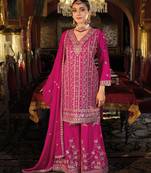 Purple embroidered zari sequins & mirror work chinnon silk straight kurta palazzo stitched free size 42