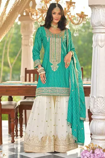 Turquoise embroidery sequins & digital print chinnon silk straight kurta sharara stitched free size 42