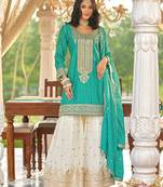Turquoise embroidery sequins & digital print chinnon silk straight kurta sharara stitched free size 42