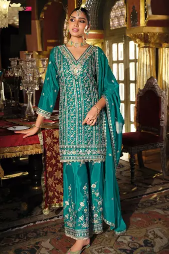 Blue embroidered sequins & mirror work chinnon silk straight kurta palazzo suit-- Full stitched free size