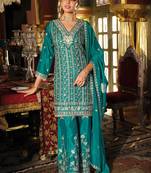 Blue embroidered sequins & mirror work chinnon silk straight kurta palazzo suit-- Full stitched free size