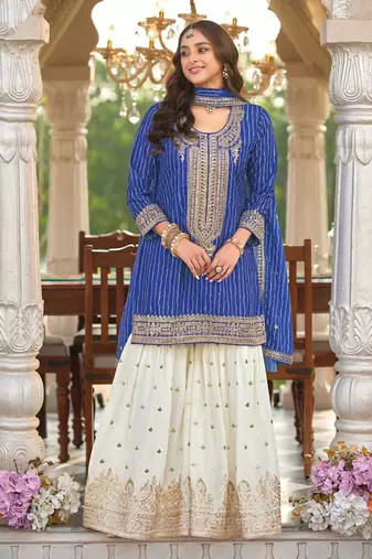 Blue embroidery sequins & digital print chinnon silk straight kurta sharara suit-Full stitched free size
