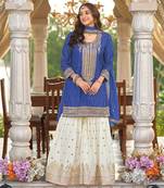 Blue embroidery sequins & digital print chinnon silk straight kurta sharara suit-- Full stitched free size