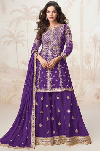 Purple zari embroidery & sequence work chinnon silk straight palazzo suit-Full stitched free size