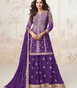 Purple zari embroidery & sequence work chinnon silk straight palazzo suit-- Full stitched free size