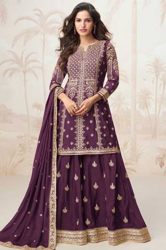 Wine zari embroidery & sequence work chinnon silk straight palazzo suit-- Full stitched free size