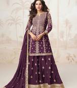 Wine zari embroidery & sequence work chinnon silk straight palazzo suit-- Full stitched free size