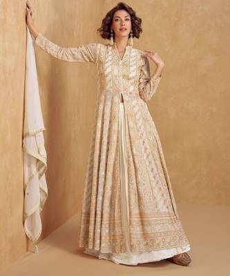 Beige zari embroidery & sequins georgette anarkali lehenga suit-Full stitched free size 1