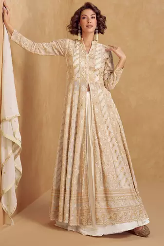 Beige zari embroidery & sequins georgette anarkali lehenga suit-Full stitched free size