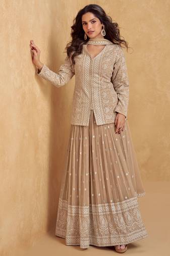 Light brown zari embroidery & sequins georgette straight lehenga suit-Full stitched free size