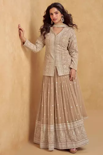 Light brown zari embroidery & sequins georgette straight lehenga suit-Full stitched free size
