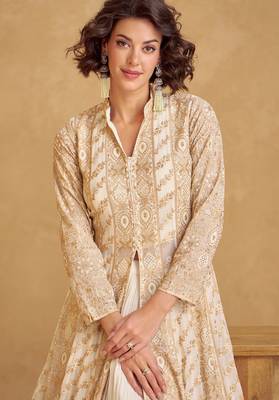 Beige zari embroidery & sequins georgette anarkali lehenga suit-Full stitched free size 2