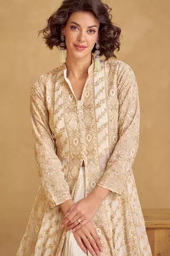 Beige zari embroidery & sequins georgette anarkali lehenga suit-Full stitched free size