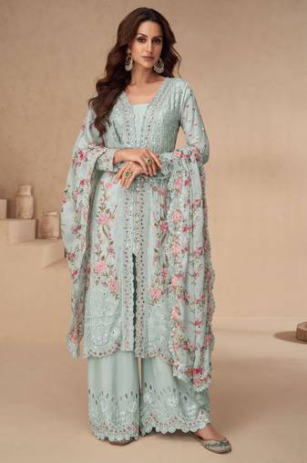 Blue thread embroidery sequins & mirror work with printed dupatta chinnon silk anarkali palazzo 42