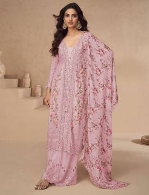 Pink thread embroidery sequins & mirror work with printed dupatta chinnon silk anarkali palazzo 42 1