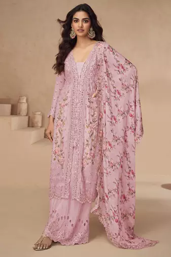 Pink thread embroidery sequins & mirror work with printed dupatta chinnon silk anarkali palazzo 42