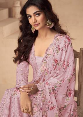 Pink thread embroidery sequins & mirror work with printed dupatta chinnon silk anarkali palazzo 42 2