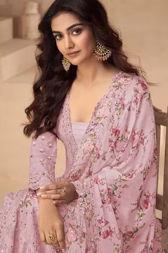 Pink thread embroidery sequins & mirror work with printed dupatta chinnon silk anarkali palazzo 42