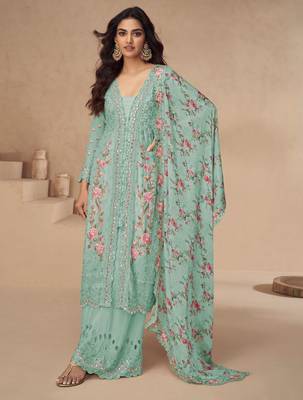 Sea green thread embroidery sequins & mirror work printed dupatta chinnon silk anarkali palazzo 42 1