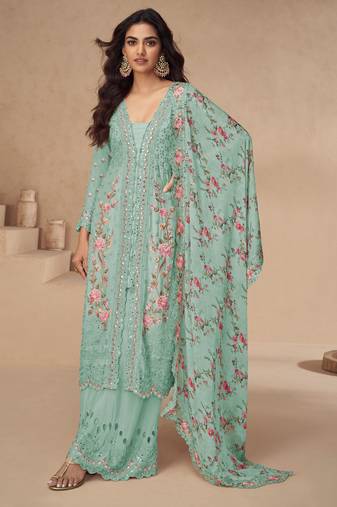 Sea green thread embroidery sequins & mirror work printed dupatta chinnon silk anarkali palazzo 42