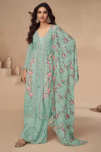 Sea green thread embroidery sequins & mirror work printed dupatta chinnon silk anarkali palazzo 42