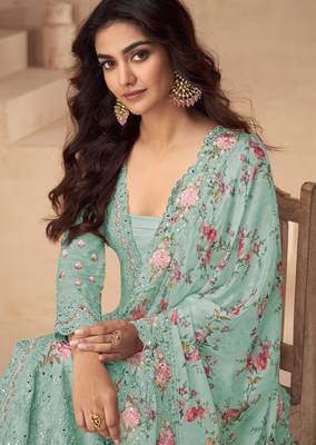 Sea green thread embroidery sequins & mirror work printed dupatta chinnon silk anarkali palazzo 42 2