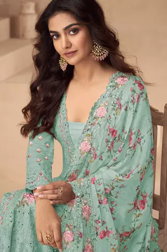 Sea green thread embroidery sequins & mirror work printed dupatta chinnon silk anarkali palazzo 42