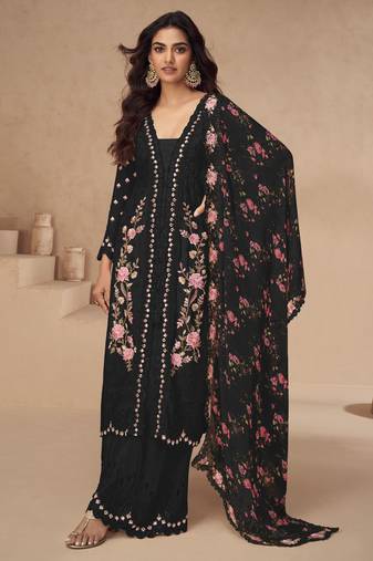 Black thread embroidery sequins & mirror work printed dupatta chinnon silk anarkali palazzo 42