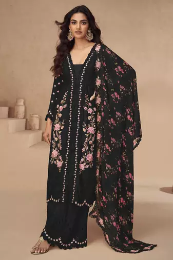 Black thread embroidery sequins & mirror work printed dupatta chinnon silk anarkali palazzo 42