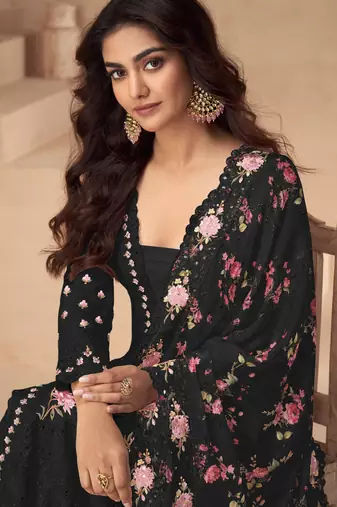 Black thread embroidery sequins & mirror work printed dupatta chinnon silk anarkali palazzo 42