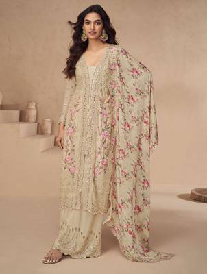 Beige thread embroidery sequins & mirror work printed dupatta chinnon silk anarkali palazzo 42 1