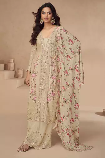 Beige thread embroidery sequins & mirror work printed dupatta chinnon silk anarkali palazzo 42