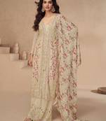 Beige thread embroidery sequins & mirror work printed dupatta chinnon silk anarkali palazzo 42