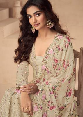Beige thread embroidery sequins & mirror work printed dupatta chinnon silk anarkali palazzo 42 2