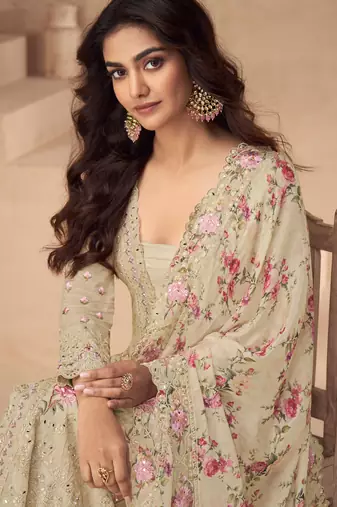 Beige thread embroidery sequins & mirror work printed dupatta chinnon silk anarkali palazzo 42